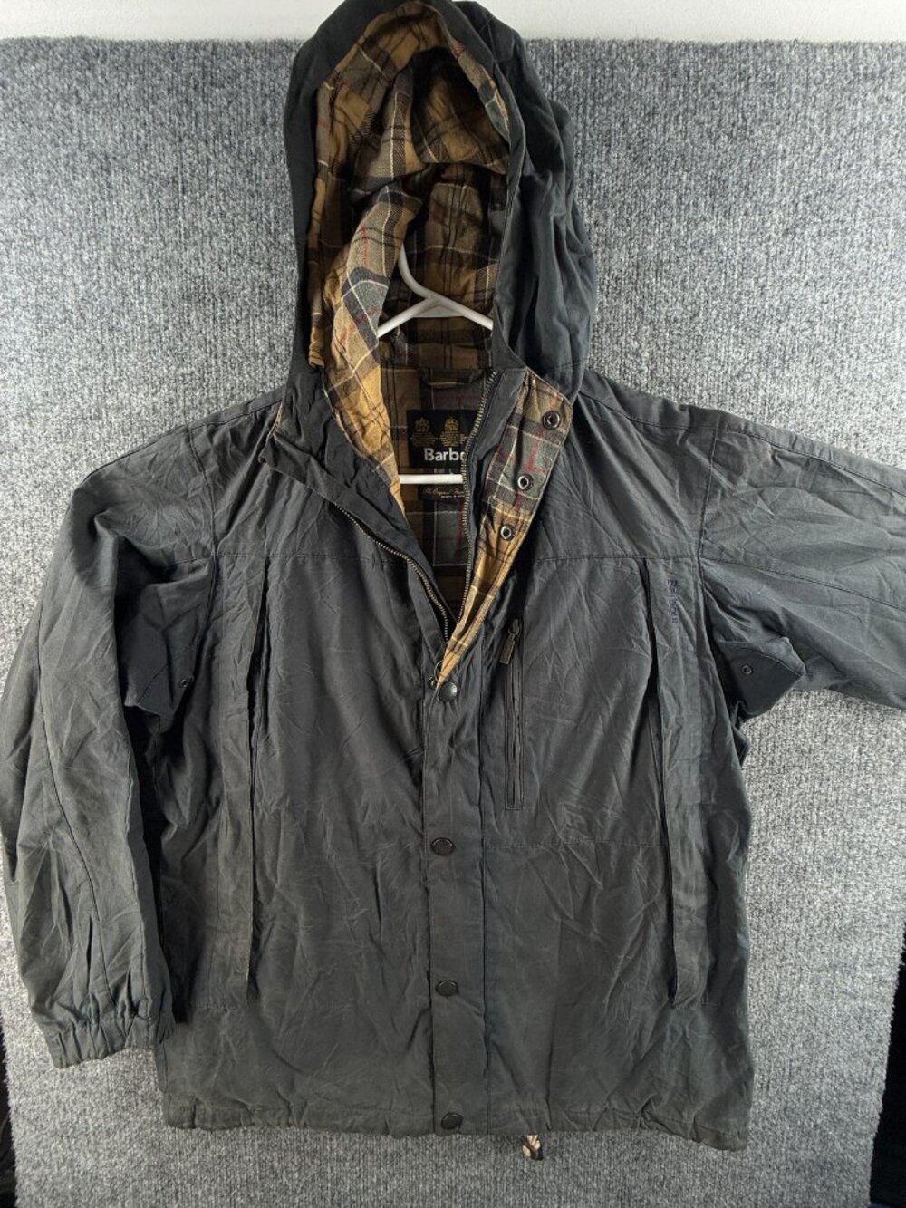 Barbour Millom Waxed Jacket Hooded Canvas Blue Tartan Womens Large Wax Full Zip